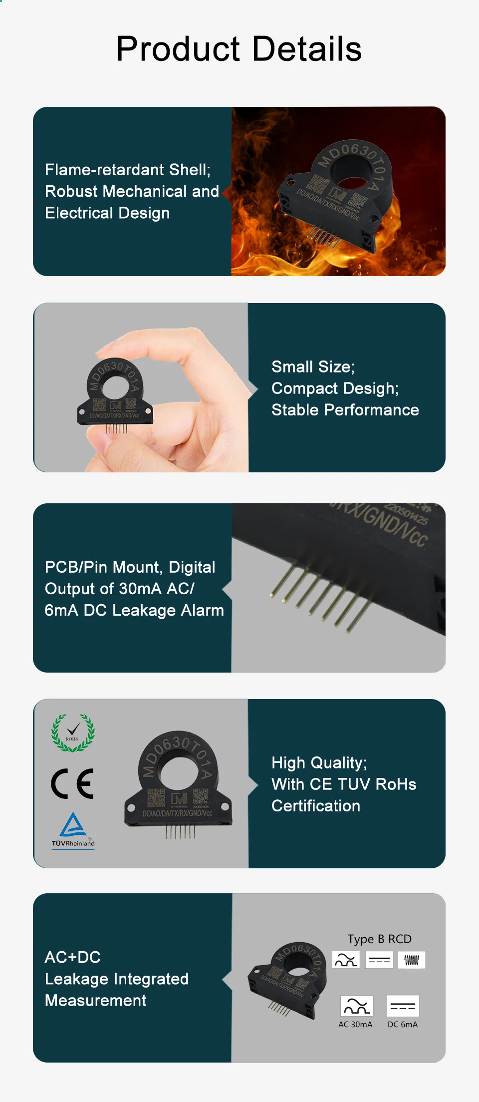 30mA AC 6mA DC GFCI Earth Leakage Sensor Ground Fault Current Transformer for EV Charging Station