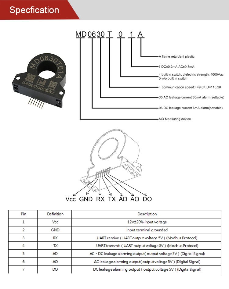 30mA AC 6mA DC GFCI Earth Leakage Sensor Ground Fault Current Transformer for EV Charging Station