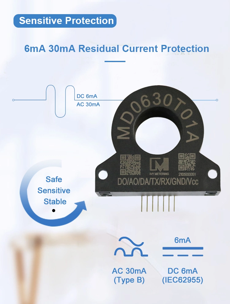 30mA AC 6mA DC GFCI Earth Leakage Sensor Ground Fault Current Transformer for EV Charging Station