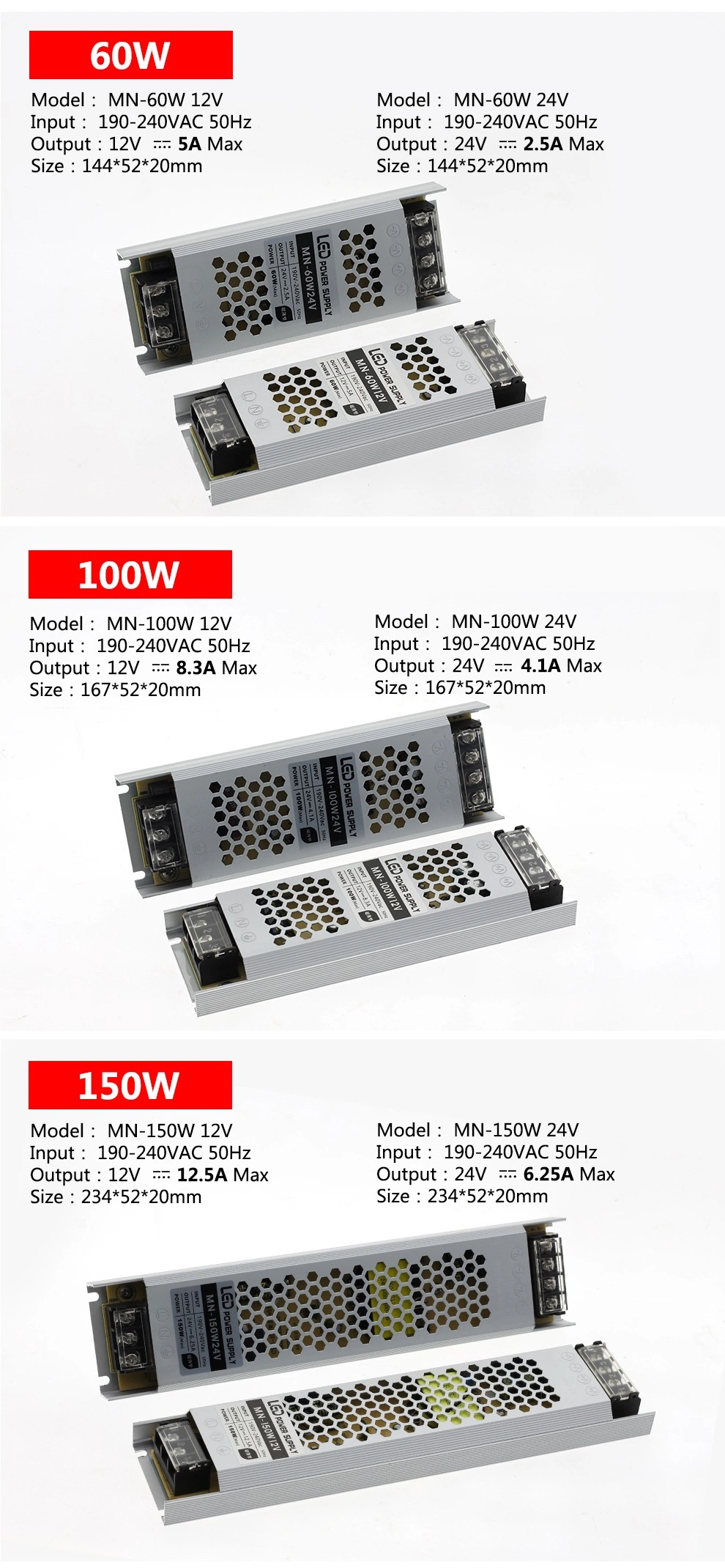 DC 12V 24V Switching Power Supply AC190-240V Mute Lighting Transformers 60W 100W 200W 300W 400W LED Light Driver Power Adapter