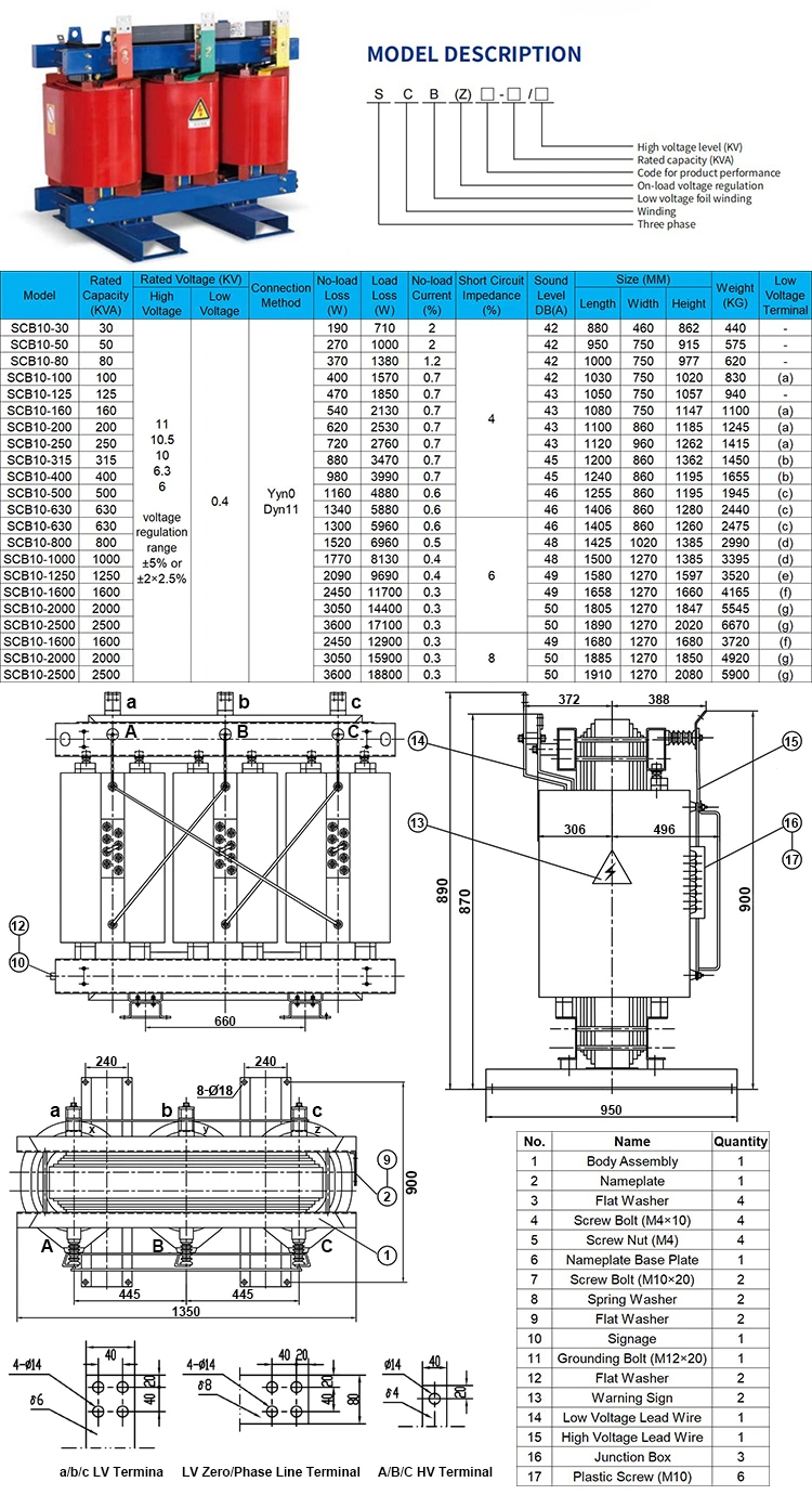 Scb10 25kVA 30kVA 35kVA 40kVA 60kVA 75kVA 150kVA 1200kVA 10kv 0.4kv Three-Phase Step Down Cast Resin Isolation Dry Type Power Transformer