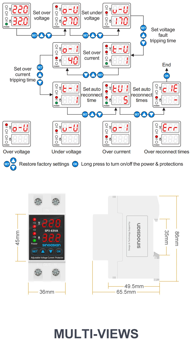 New DIN-Rail Type 1-40A Adjust Over Under Voltage Over Current Limiter Protector with Dual Digital Display