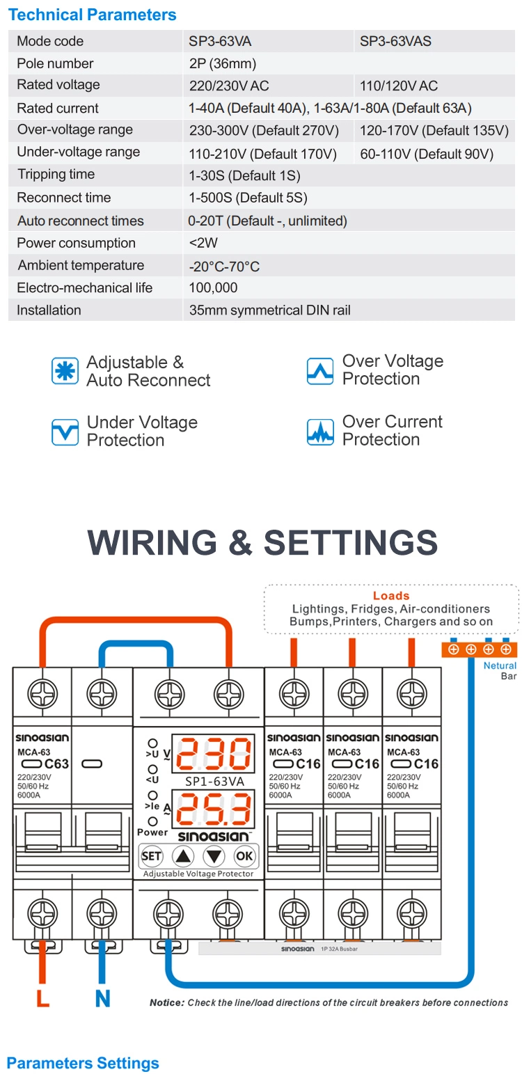 New DIN-Rail Type 1-40A Adjust Over Under Voltage Over Current Limiter Protector with Dual Digital Display