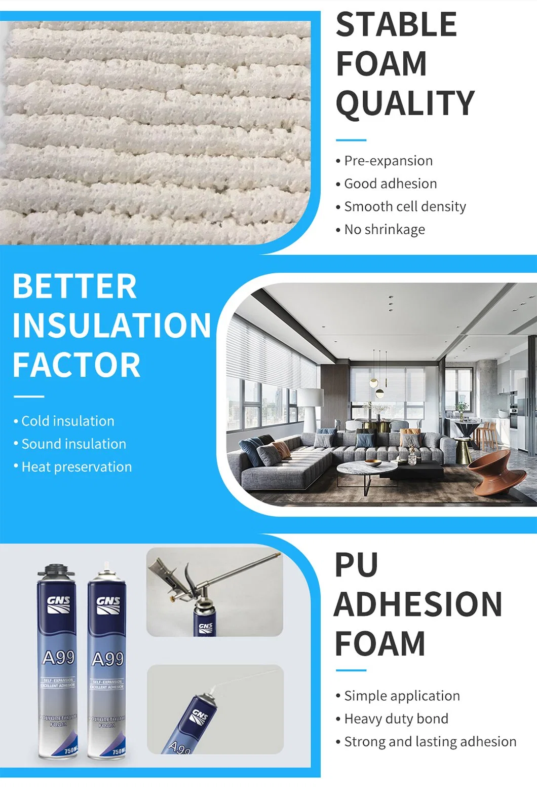 A99 Low Expansion Adhesive PU Foam for Mounting and Bonding