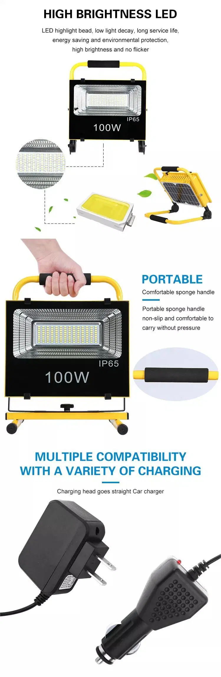 Portable DC Outdoor Waterproof IP65 100W Solar Charging or USB Charging LED Flood Light Emergency Rechargeavle for Camping or Fishing Outside