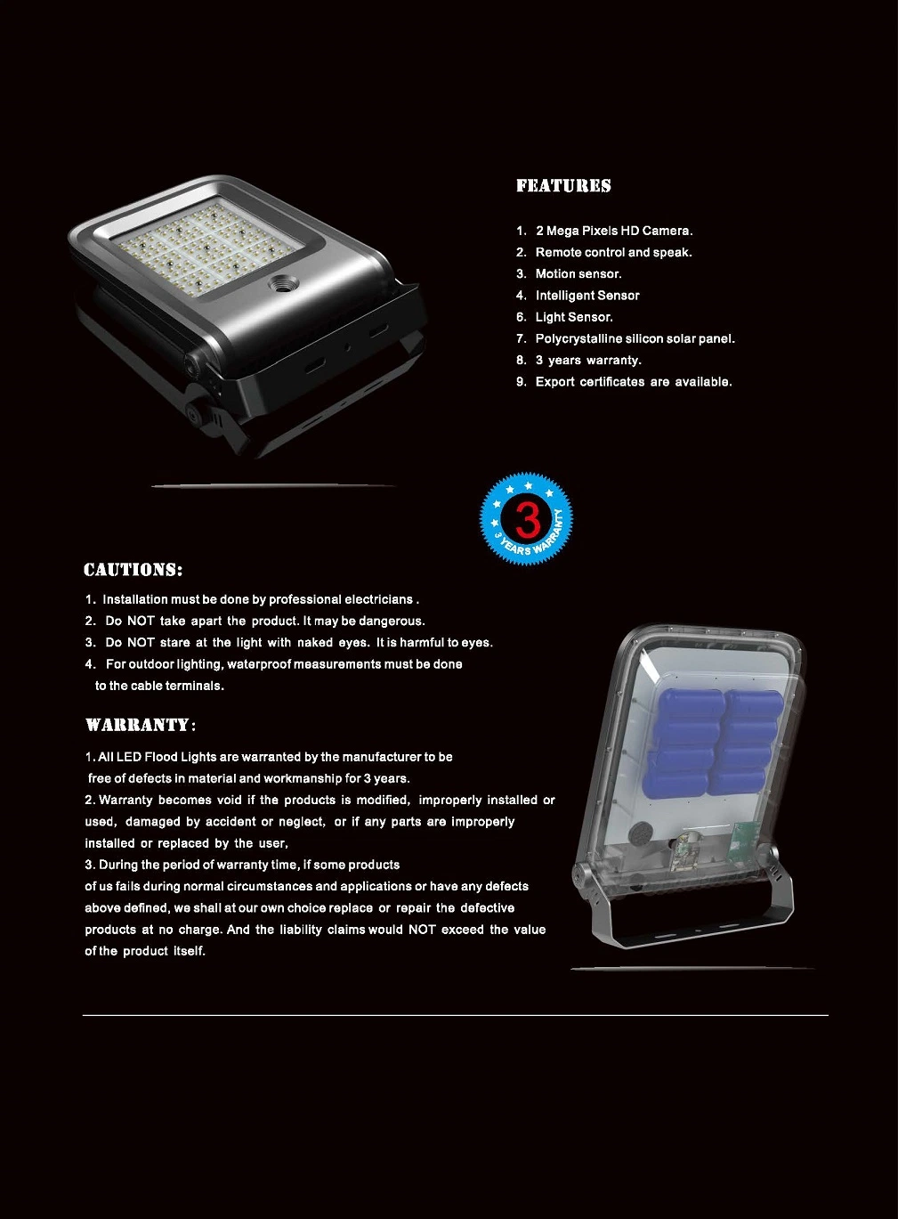 Outdoor IP65 IP66 IP67 200W 300 Watt Brightest Rechargeable Solar Fence Light with on off Switch