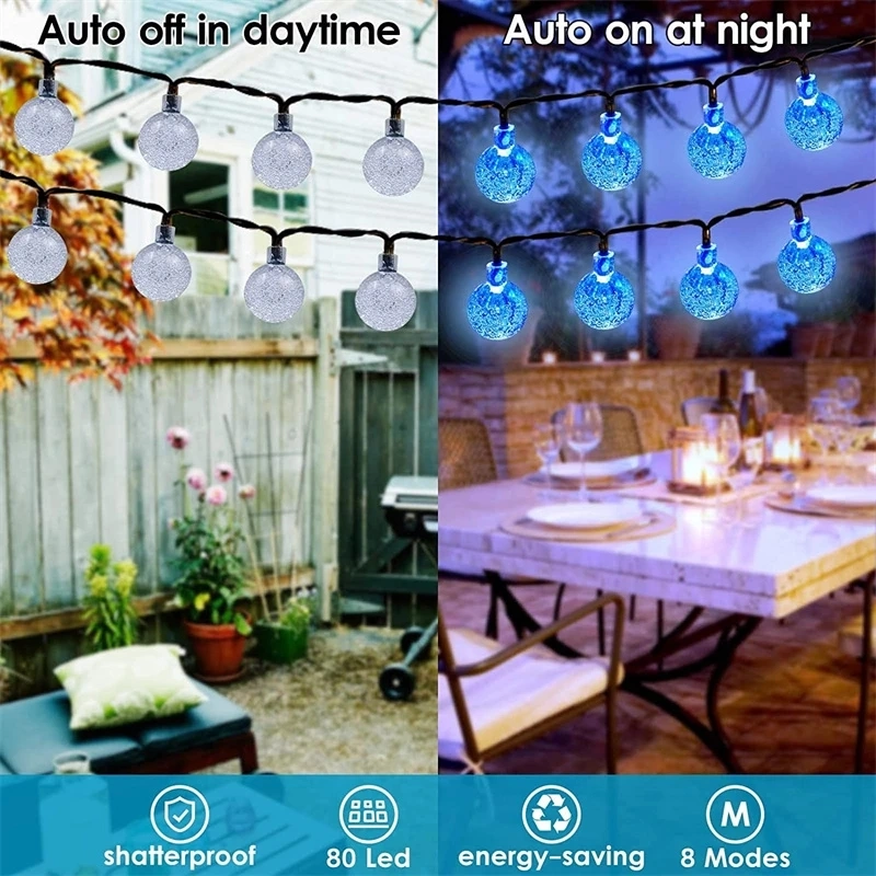 Solar String Lights Outdoor 60 LED Crystal Globe Lights with 8 Modes Waterproof Solar Powered Patio Light for Garden Party Decor