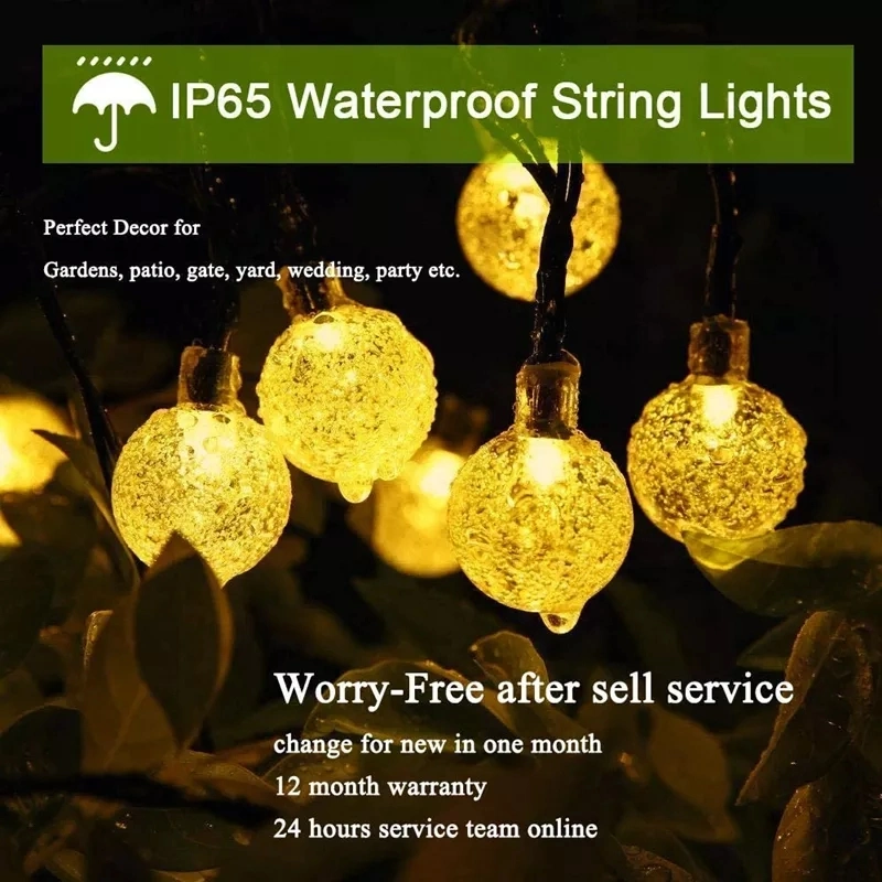 Solar String Lights Outdoor 60 LED Crystal Globe Lights with 8 Modes Waterproof Solar Powered Patio Light for Garden Party Decor