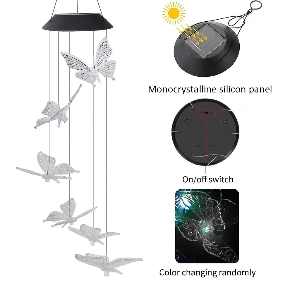 Colorful Butterfly Shape LED Solar Lights Outdoor Waterproof LED Solar Wind Chime Lamp Pendant LED Night Light Courtyard Garden Terrace Decorative Lantern