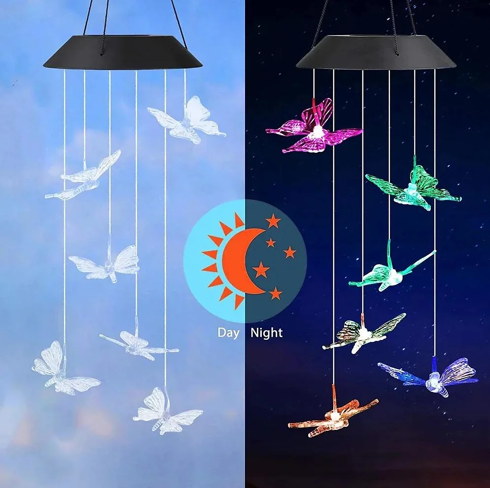 Colorful Butterfly Shape LED Solar Lights Outdoor Waterproof LED Solar Wind Chime Lamp Pendant LED Night Light Courtyard Garden Terrace Decorative Lantern