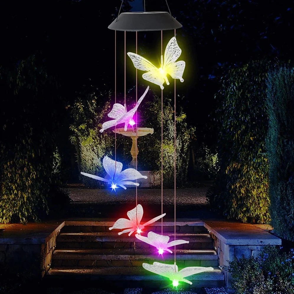 Colorful Butterfly Shape LED Solar Lights Outdoor Waterproof LED Solar Wind Chime Lamp Pendant LED Night Light Courtyard Garden Terrace Decorative Lantern