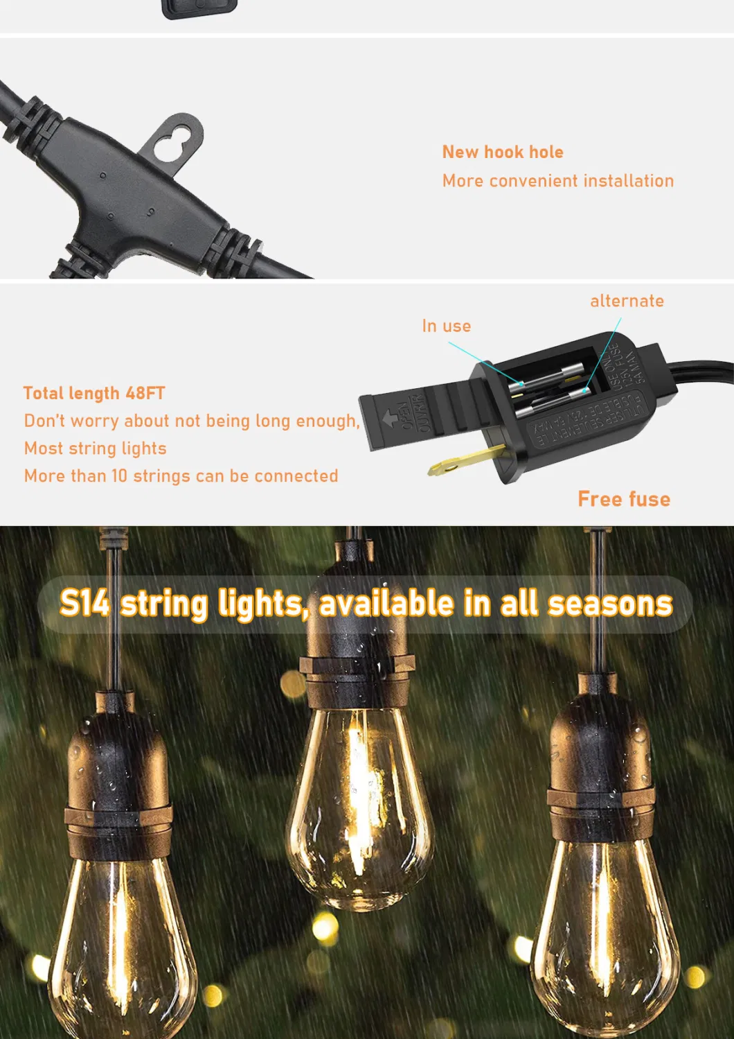 G40 Plastic Solar Outdoor Christmas Holiday Lighting Garden Powered String Lights with C6 C7 C9 E27 Bulbs LED Edison