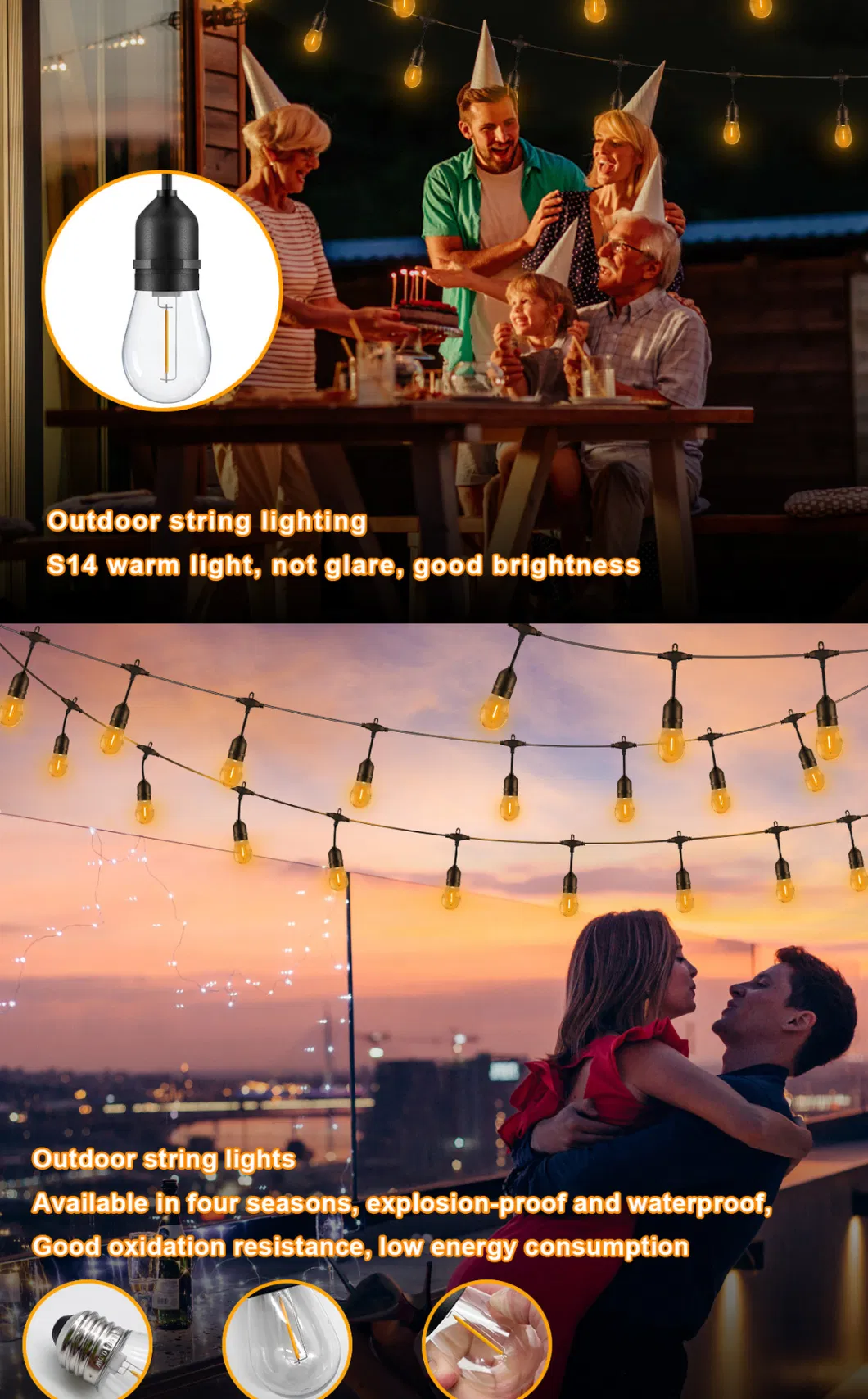 G40 Plastic Solar Outdoor Christmas Holiday Lighting Garden Powered String Lights with C6 C7 C9 E27 Bulbs LED Edison