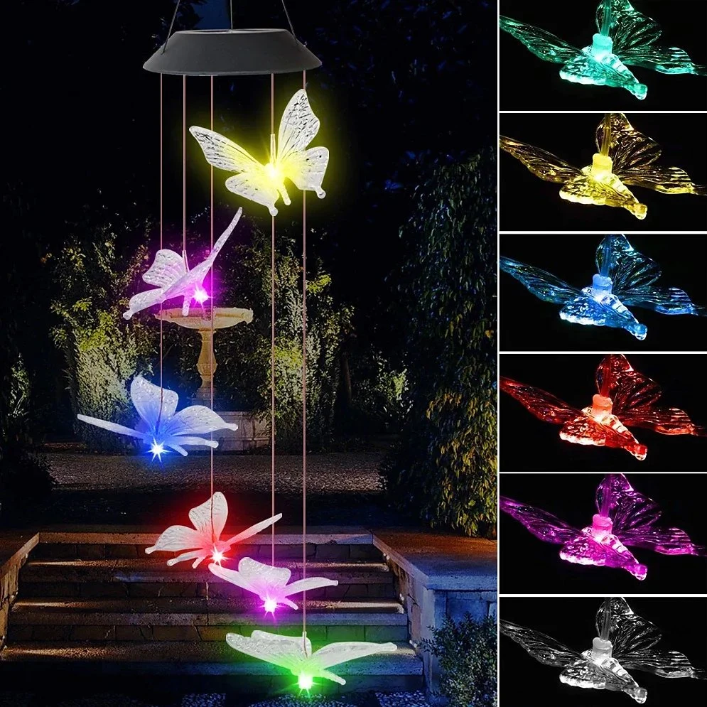 Colorful Butterfly Shape LED Solar Lights Outdoor Waterproof LED Solar Wind Chime Lamp Pendant LED Night Light Courtyard Garden Terrace Decorative Lantern