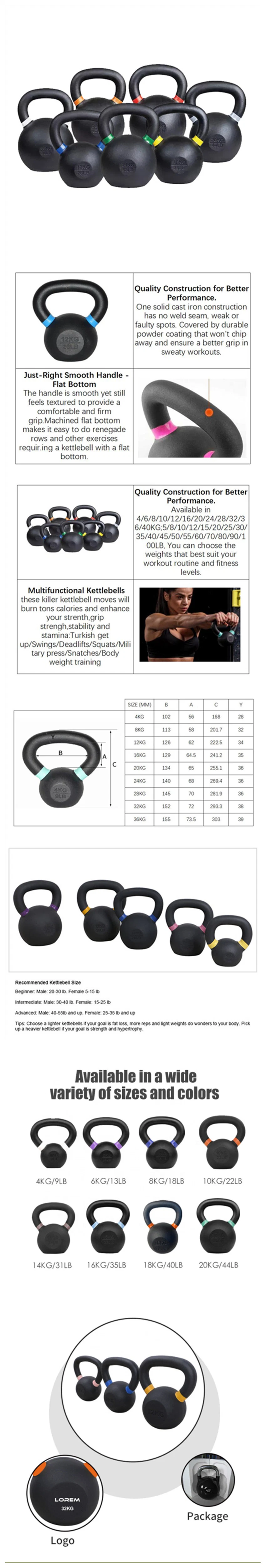 Wholesale Fitness Professional Training Powder Coated Casting Iron 4kg 16kg 20kg 48kg Engraved Kg Lb Gym Weight Yoga Fitness Customize Kettlebell