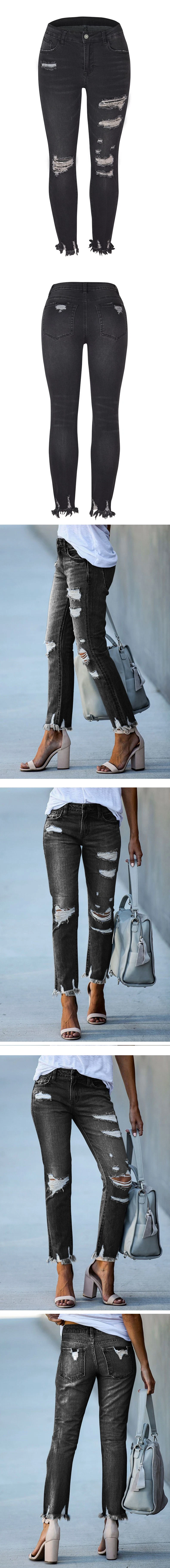 Washed and Worn Tassel Jeans Women Amazon Europe and America Self-Cultivation High Elastic Pencil Trousers Denim Pants Body Shaping Jeans