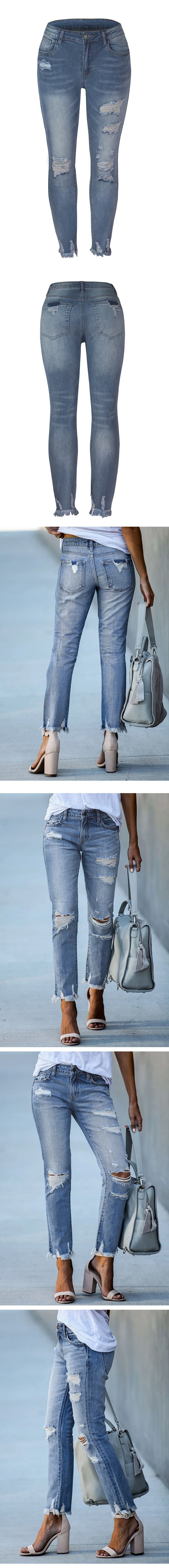 Washed and Worn Tassel Jeans Women Amazon Europe and America Self-Cultivation High Elastic Pencil Trousers Denim Pants Body Shaping Jeans