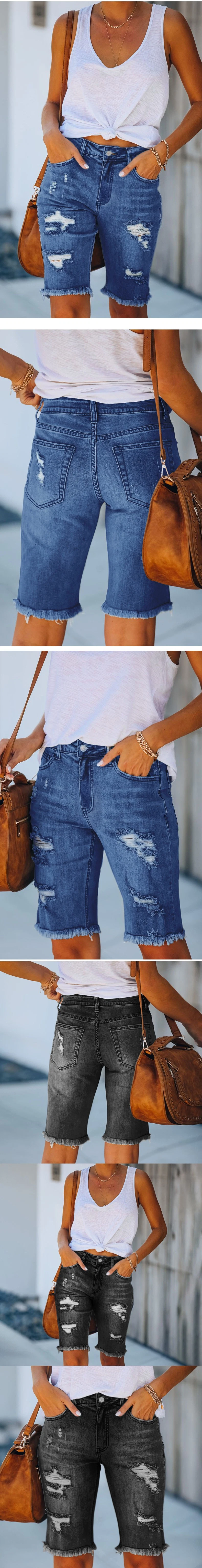 Summer Street Fringed High Elastic Pencil Pants MID-Waist Five-Point Pants Ripped Female Super Hot Jeans