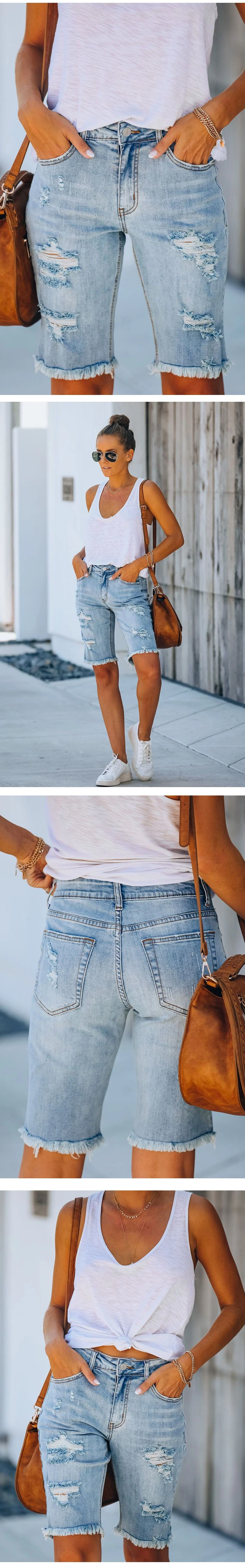 Summer Street Fringed High Elastic Pencil Pants MID-Waist Five-Point Pants Ripped Female Super Hot Jeans