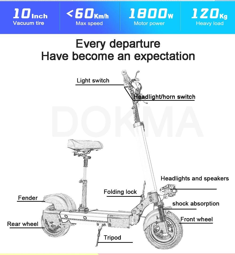 Dokma D-May 10 Inch Foldable 2 Wheel Fast Electric Scooter for 48V 860W / 48V1800W Brushless DC Motor Self-Balancing off Road Electric Scooter