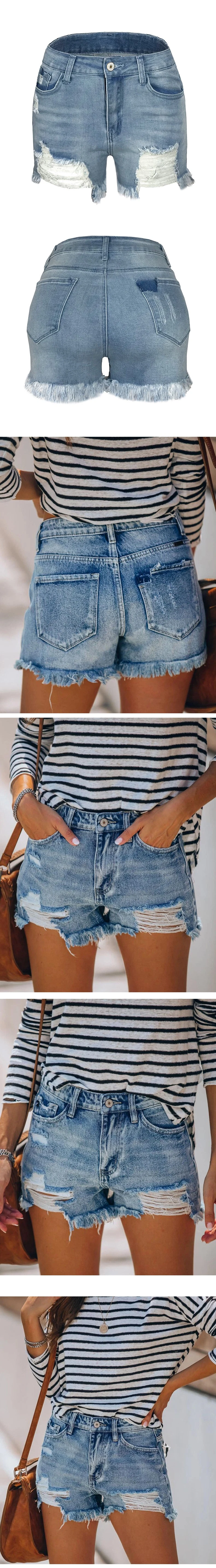 New Fashion Design Amazon Elastic Tassel Ladies Jeans Hot Women′s Denim Shorts