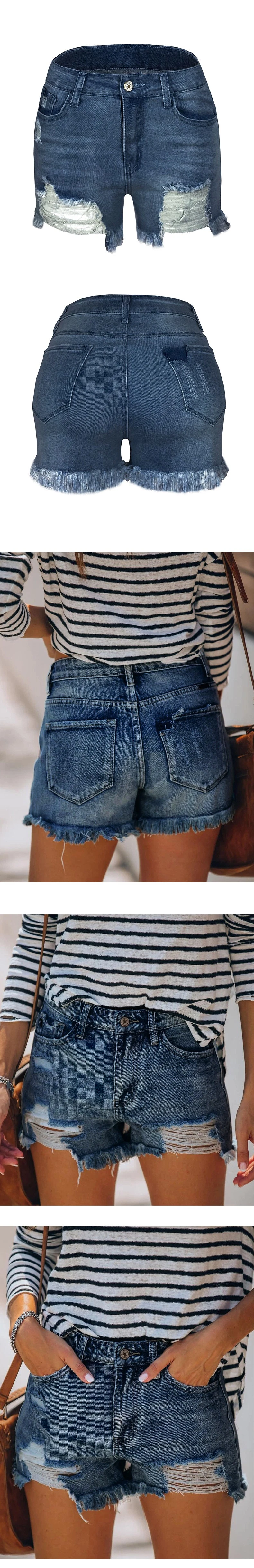 New Fashion Design Amazon Elastic Tassel Ladies Jeans Hot Women′s Denim Shorts