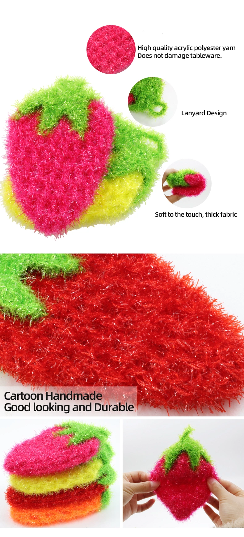 Durable Fruit Dish Towel Kitchen Oil Scouring Pad Handmade Crochet Flower Strawberry Dish Home Kitchen Cleaning Cloths