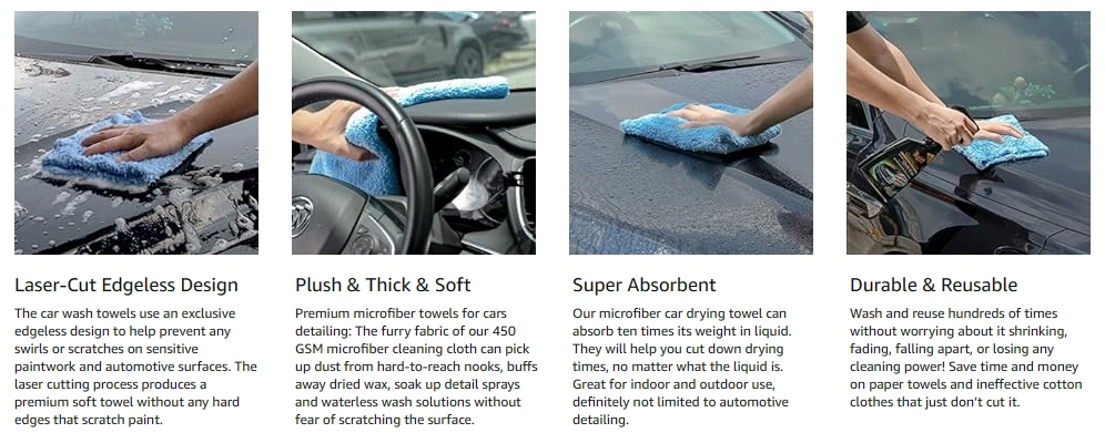 450 GSM Microfiber Towels for Cars, Car Drying Wash Detailing Buffing Polishing Towel with Plush Edgeless Microfiber Cloth