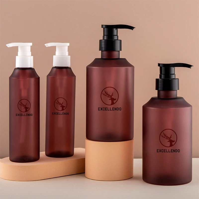 200/500ml Amber Pet Plastic Frosted Wine Red Shower Gel, Body Lotion Cosmetic Depressed Sloping Shoulder Bottle