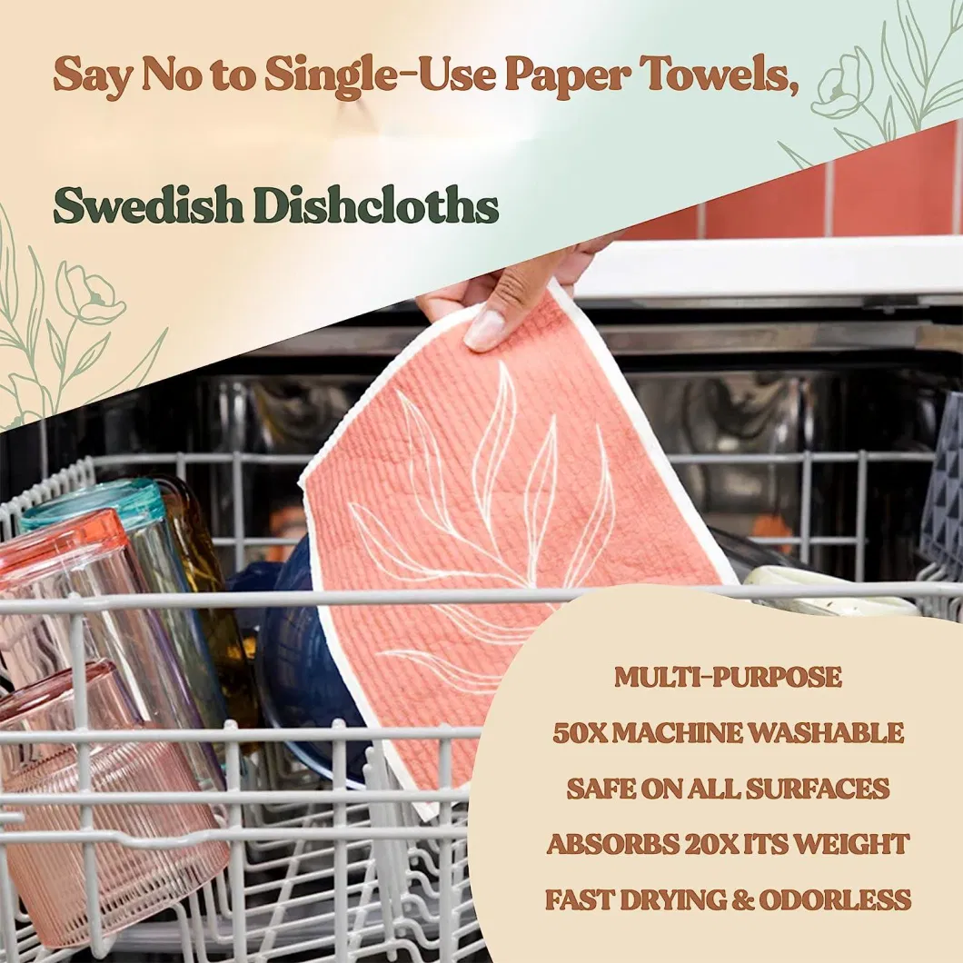 Degradable Reusable Sponge Absorbent Quick Dry Decorative Print Swedish Kitchen Dish Cloths Kitchen Towel