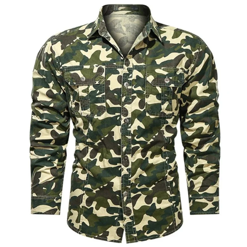 Long Sleeve All Over Camouflage Print Cotton Casual Men Shirts