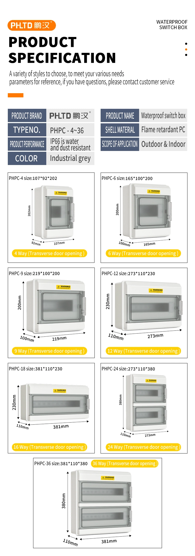 Phpc Plastic Waterproof Switch Box Electrical Enclosure Solar Panel Distribution Box for 4/6/9/12/18/24/36 Ways