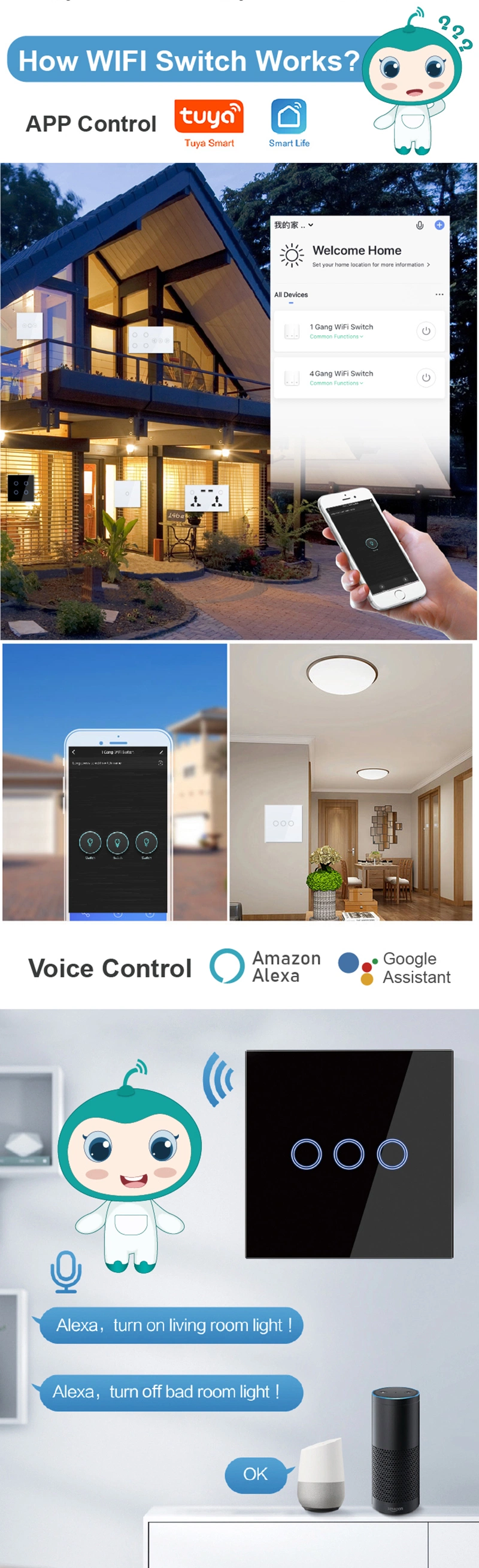 2024 UK Us 1/2/3/4/6/8 Gang Tuya Smart Home Remote Control Glass Touch Panel Wireless Wi-Fi Zigbee Smart Switch Touch Switch