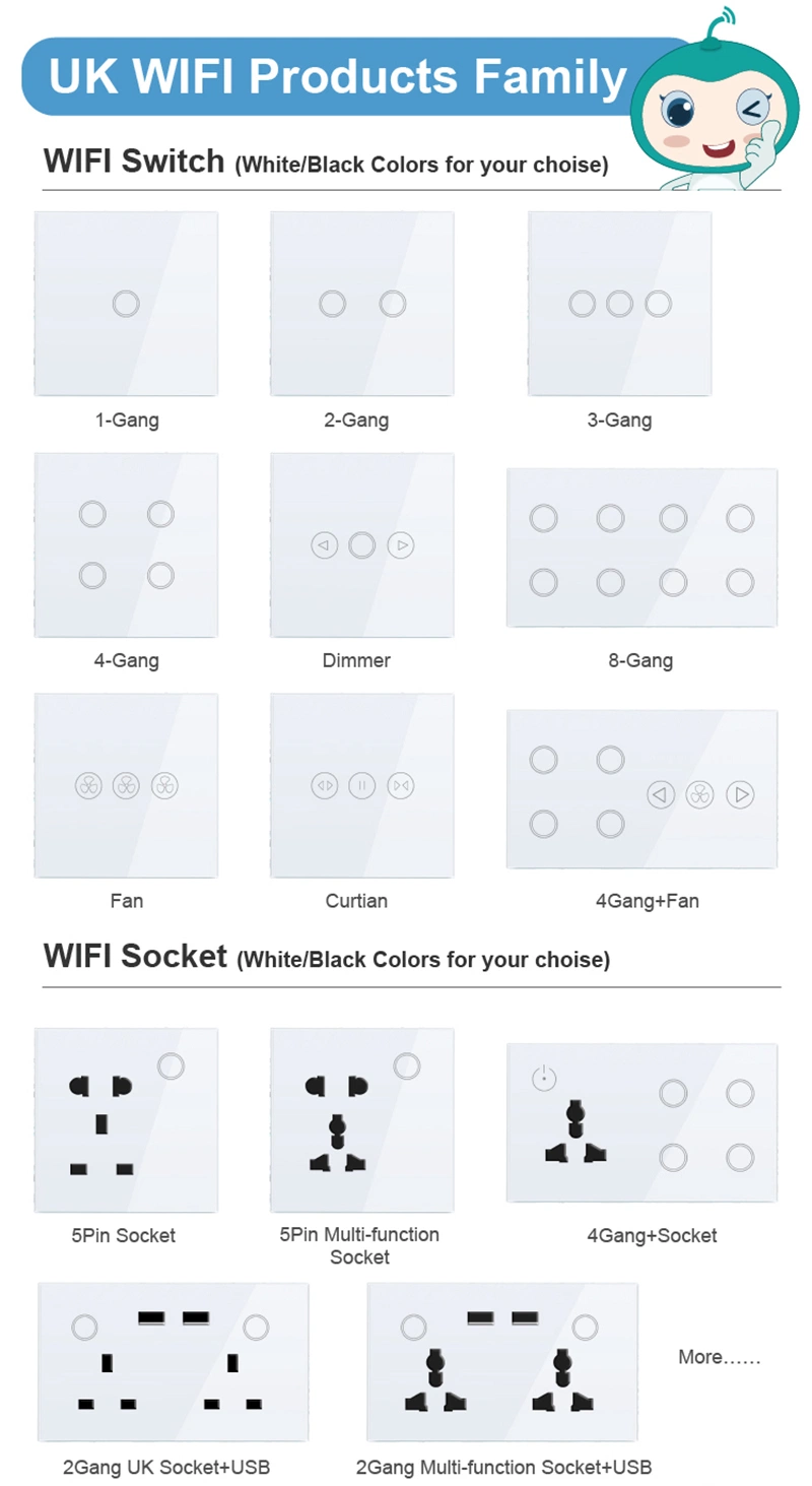 2024 UK Us 1/2/3/4/6/8 Gang Tuya Smart Home Remote Control Glass Touch Panel Wireless Wi-Fi Zigbee Smart Switch Touch Switch