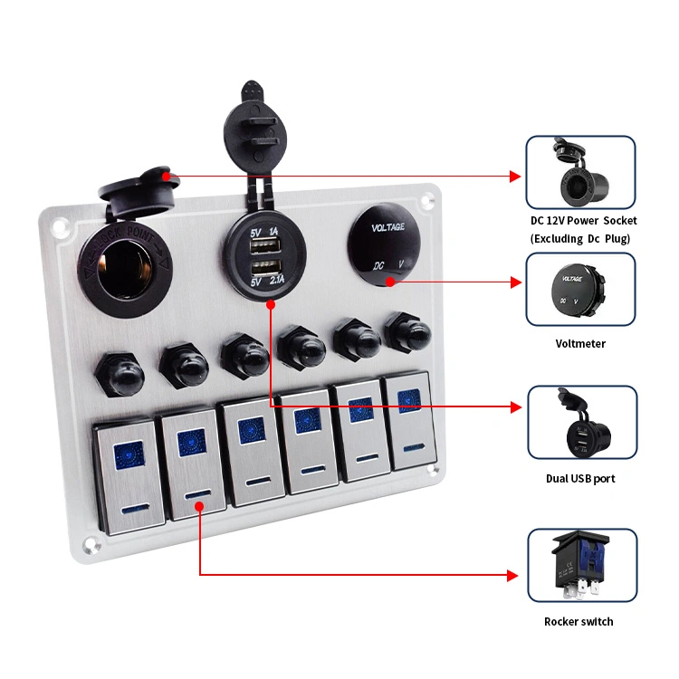 12V 24V Aluminum Boat Marine 6 Gang Car Switch Panel with Circuit Control Relay