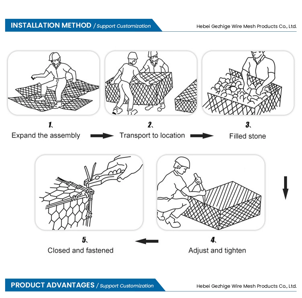 Gezhige 60X80 mm Stone Gabion Box Manufacturers 3.0-4.0mm Selvedge Wire Thickness Industries Galvanized PVC Coated Gabion China Hexagonal Woven Gabions Box