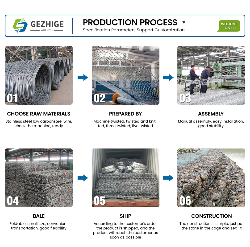 Gezhige 60X80 mm Stone Gabion Box Manufacturers 3.0-4.0mm Selvedge Wire Thickness Industries Galvanized PVC Coated Gabion China Hexagonal Woven Gabions Box