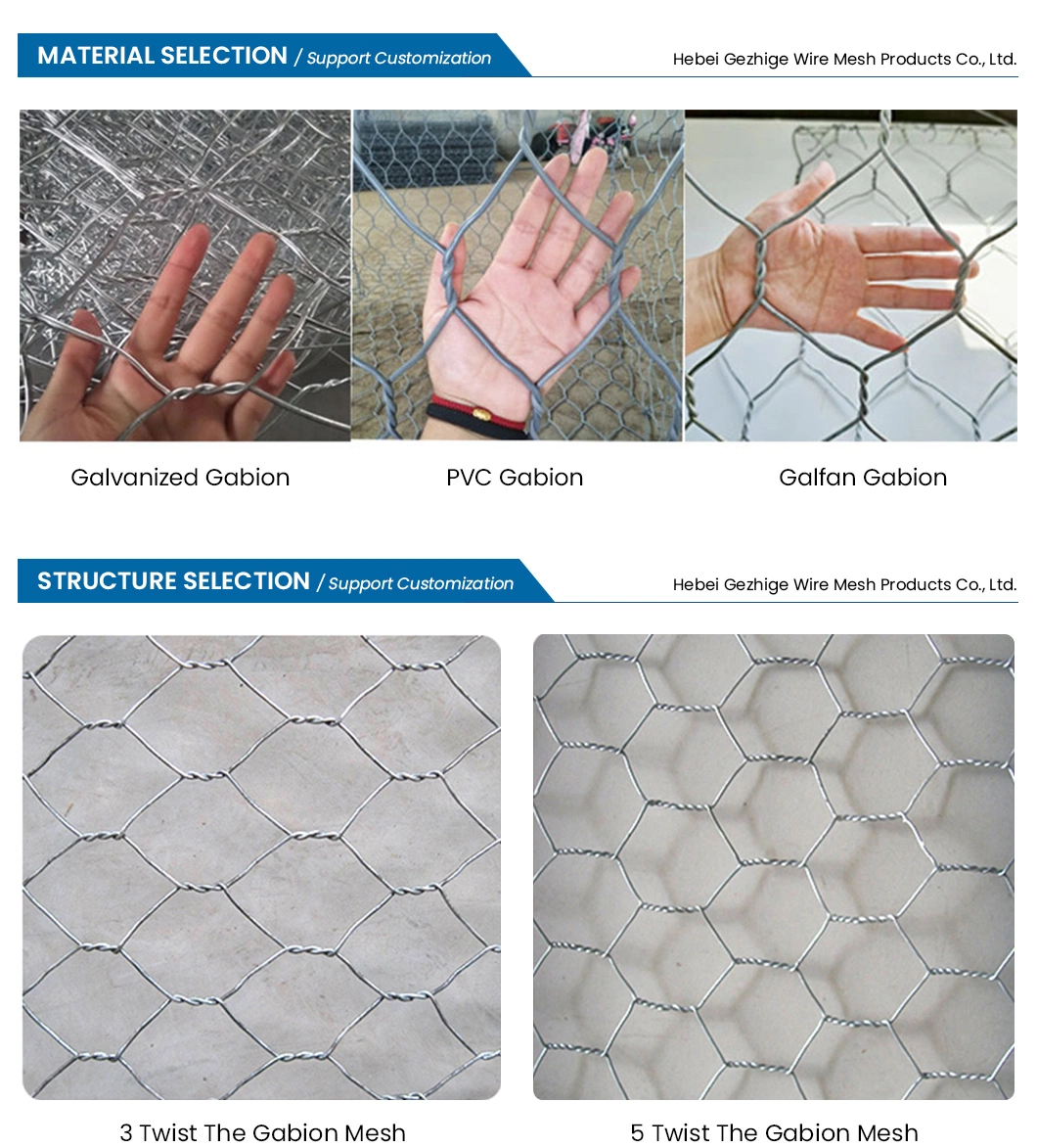 Gezhige 60X80 mm Stone Gabion Box Manufacturers 3.0-4.0mm Selvedge Wire Thickness Industries Galvanized PVC Coated Gabion China Hexagonal Woven Gabions Box