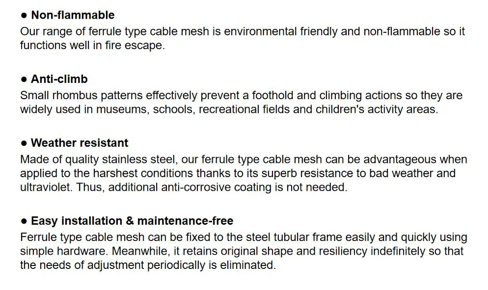 SUS 304 316 316 L Staircase or Balcony Balustrade Flexible Stainless Steel Wire Rope Mesh to Protect