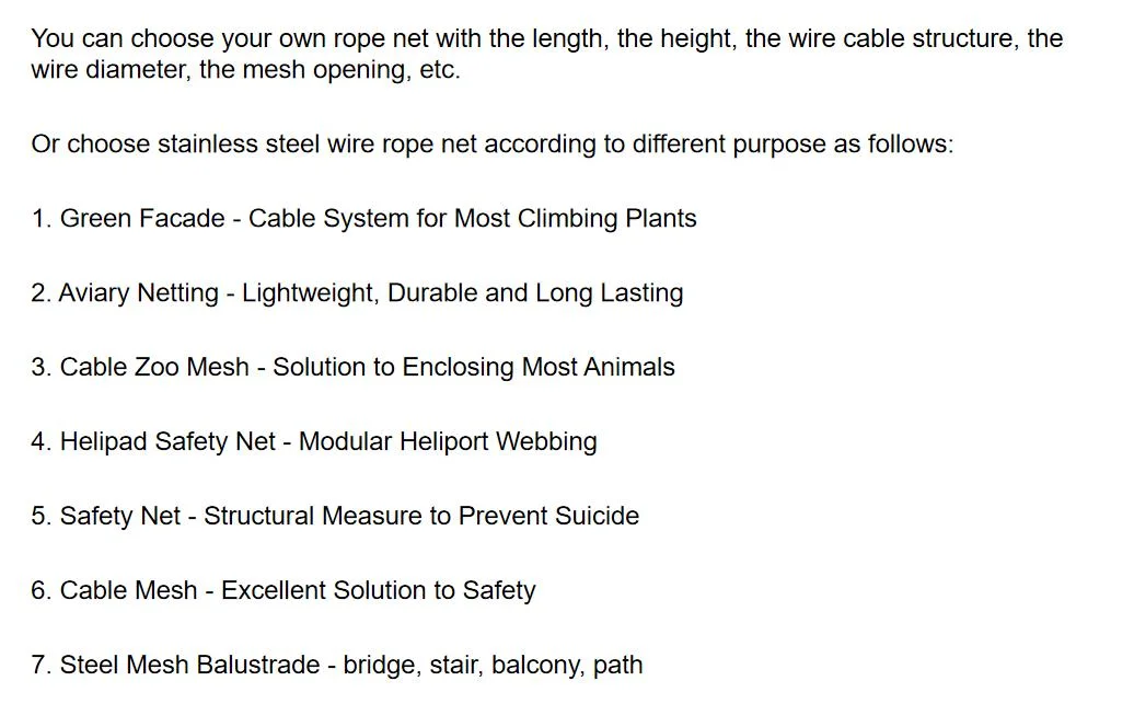 SUS 304 316 316 L Staircase or Balcony Balustrade Flexible Stainless Steel Wire Rope Mesh to Protect