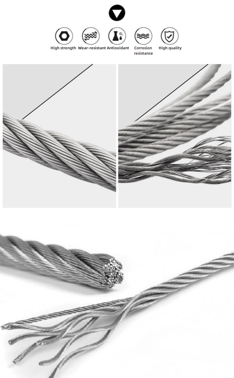 304 Stainless Steel Wire Rope 201 Galvanized 7*7 Rubber Coated Wire Rope Nylon PVC Double Twist Multi-Strand Products