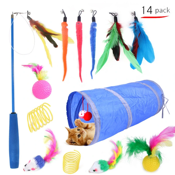 2022 21PCS Cat Toys Interactive Kitten Toys Assortments Tunnel Balls Fish Feather Teaser Wand Mice