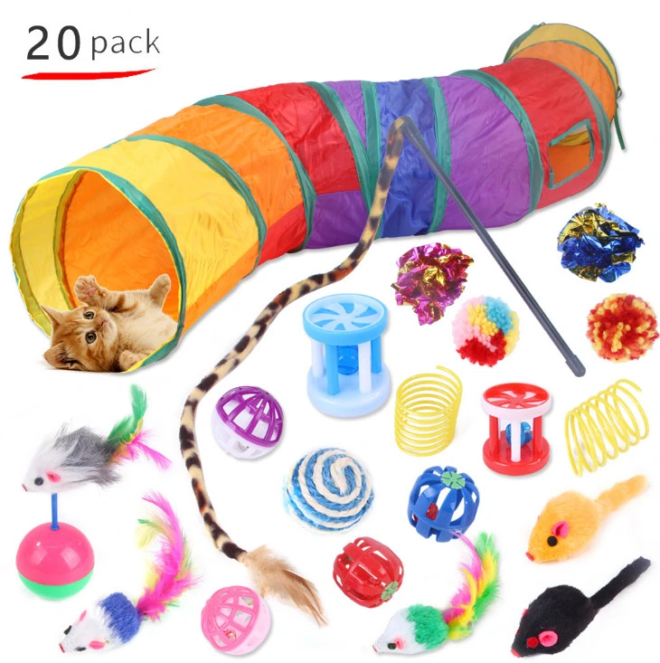 2022 21PCS Cat Toys Interactive Kitten Toys Assortments Tunnel Balls Fish Feather Teaser Wand Mice