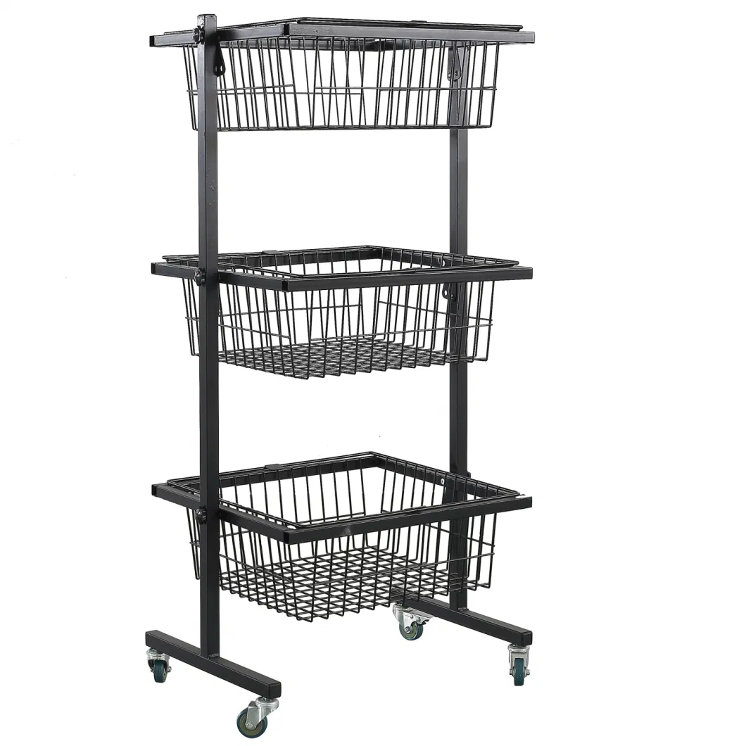 Wholesale 3layers Wire Basket Display Rack Stand with Four Wheels