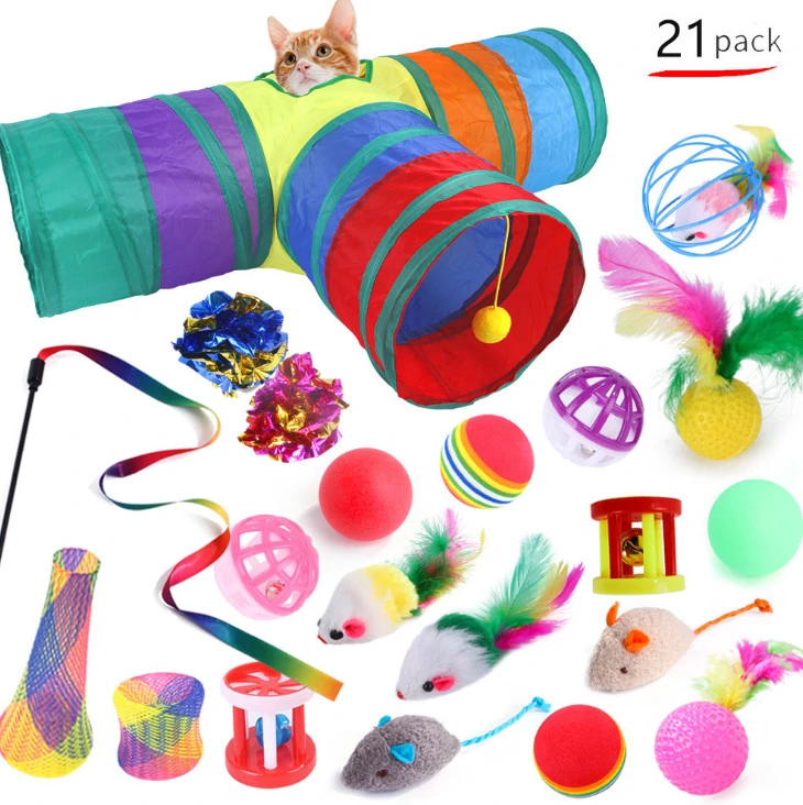 2022 21PCS Cat Toys Interactive Kitten Toys Assortments Tunnel Balls Fish Feather Teaser Wand Mice