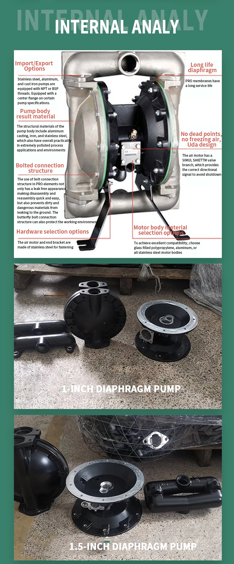 Large Flow Pneumatic Diaphragm Pump Accessories Air Operated Chemical Membrane Pump