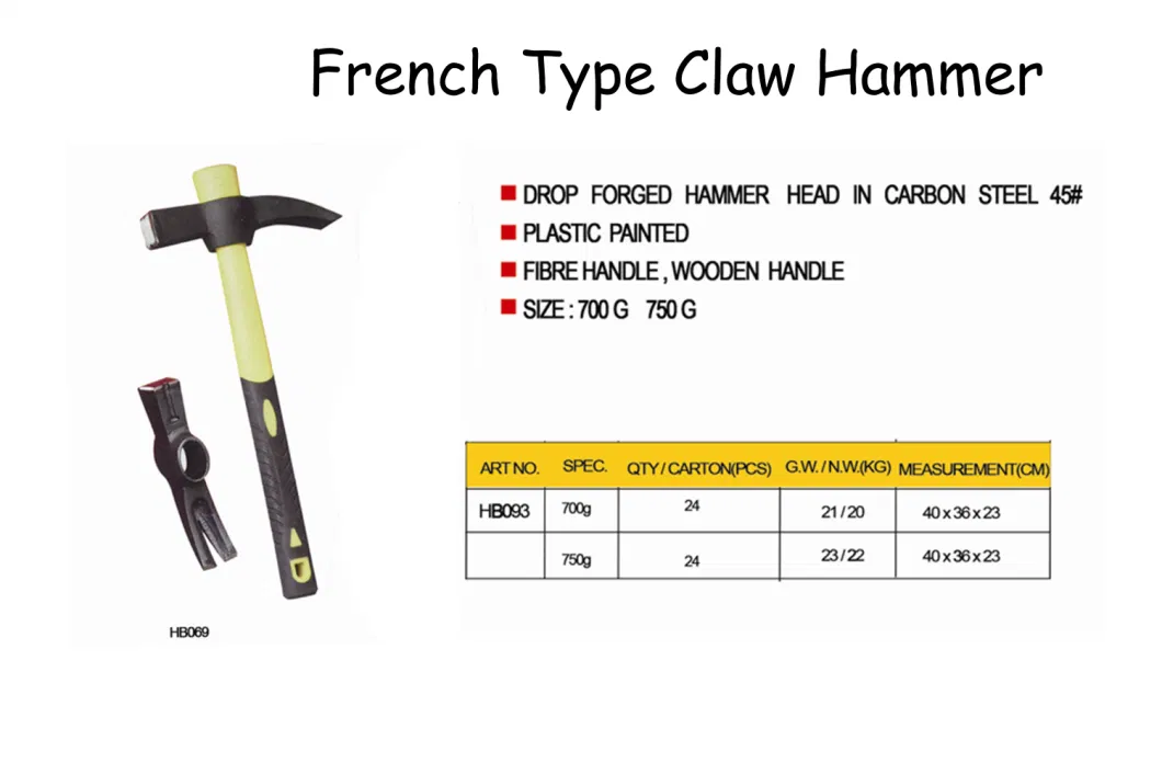 Professional Factory Hand Tool Carbon Steel Claw Hammer with Fiberglass Handle Claw Hammer