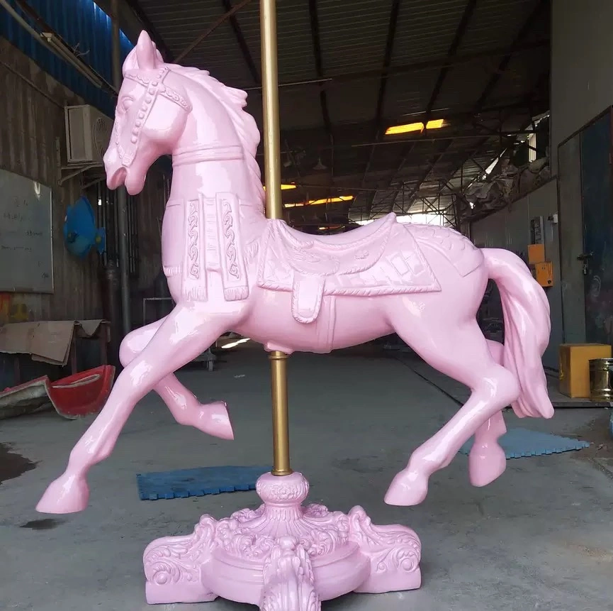 Pink Fiberglass Wooden Carousel Horse Prop Decoration for Outdoor Use