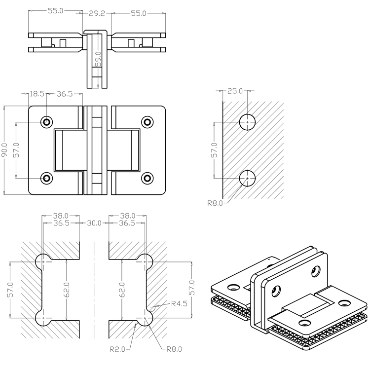 Golden Color Stainless Steel Wall Amouted Patch Fitting for Dorma Floor Hinge