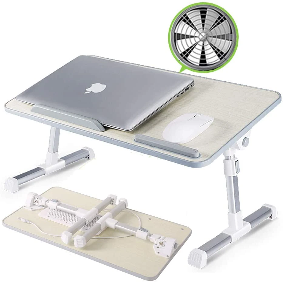 Adjustable Laptop Desk with Fan, Laptop Stand Bed Tray Table, Portable Standing Bed Desk with Foldable Leg, Notebook Standing Breakfast Reading Desk